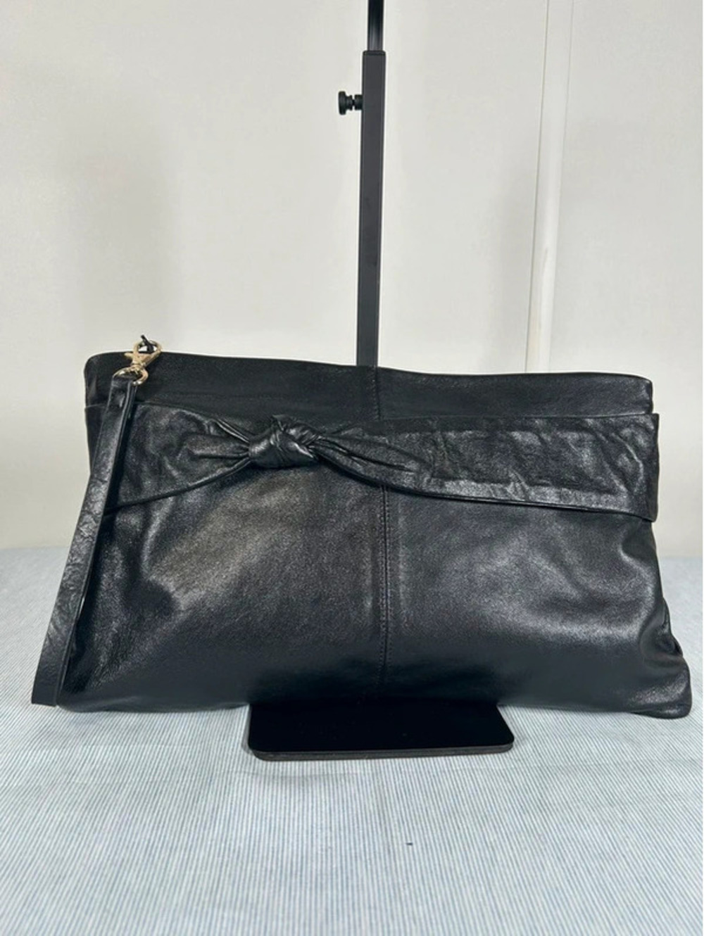 Vintage-Inspired Italian Leather Black Bow Clutch Wristlet Made in Italy